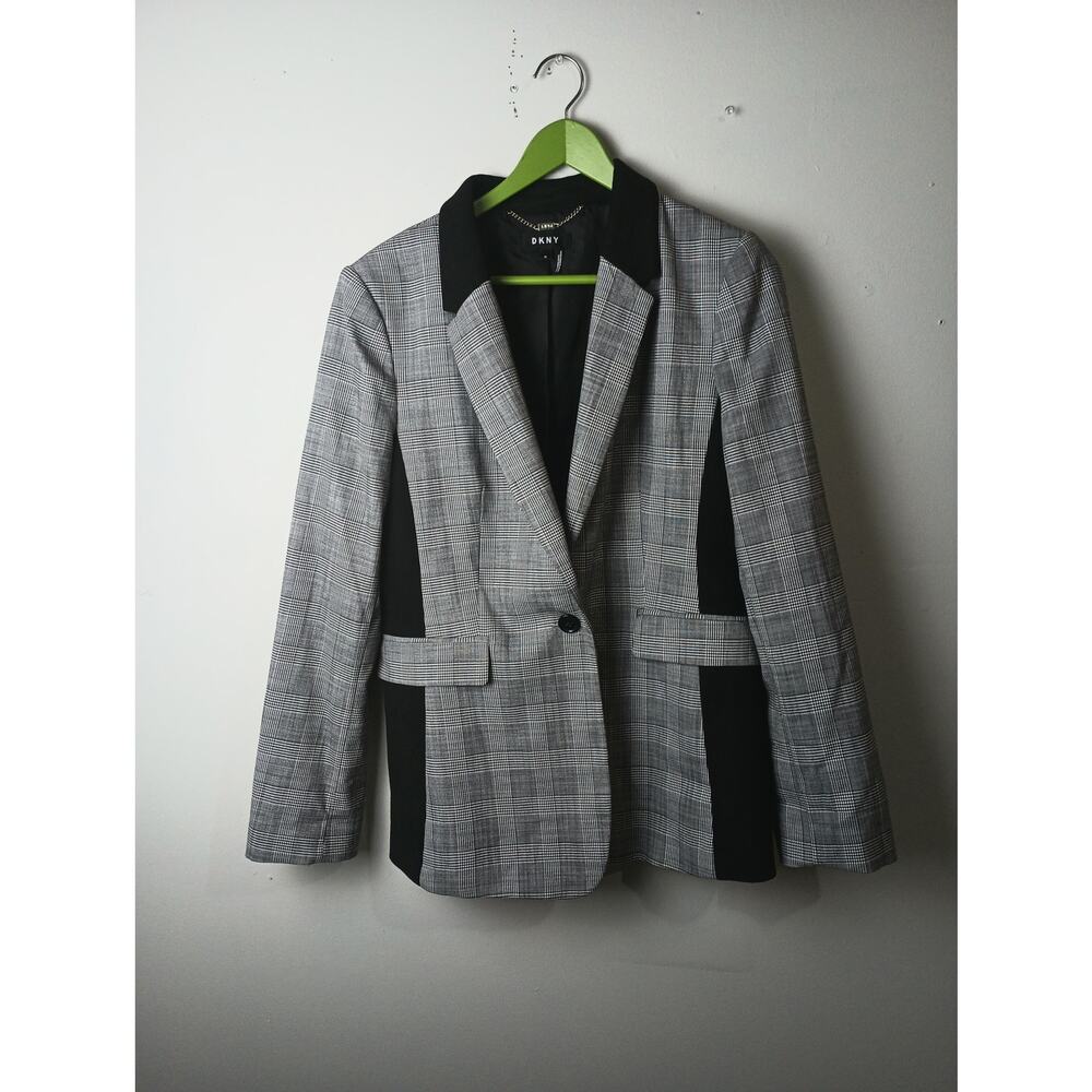 DKNY Women's Plaid One Button Blazer Contrasting Side Panels‎ Career Size 12